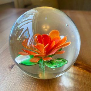 Vintage Blown Glass Ball Flower Paperweight